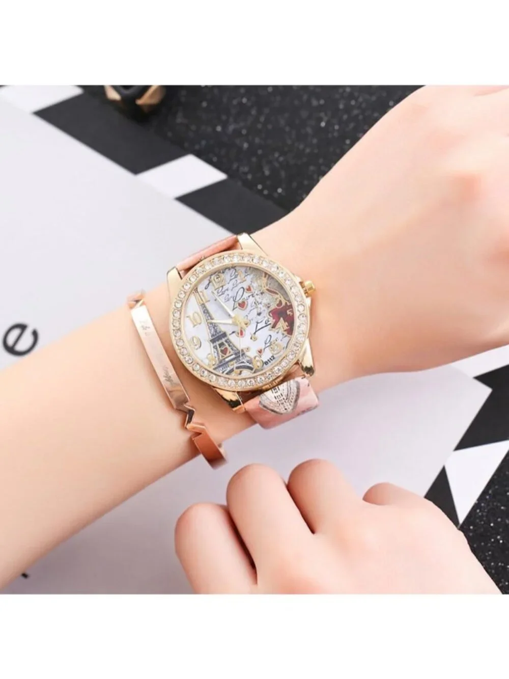 Women's Brown Analog Quartz Solid Pu Leather Strap Bling Rhinestone Wrist Watch